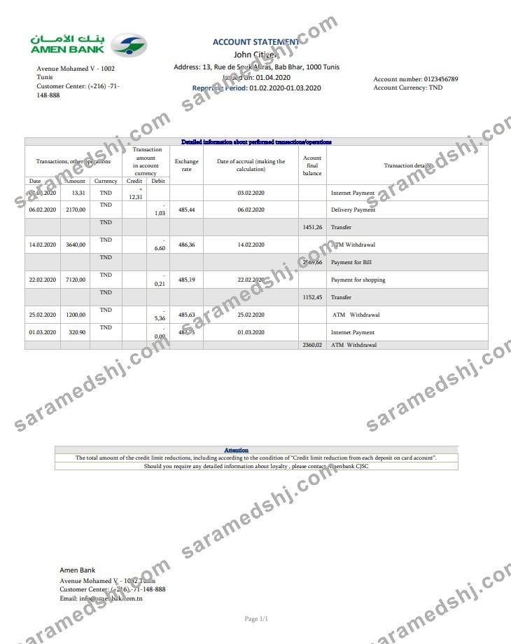 Tunisia Amen Bank statement easy to fill template in Word and PDF format